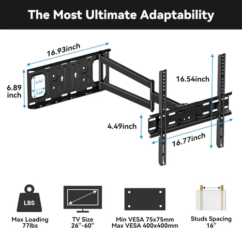 Vista 8 de FORGING MOUNT - Soporte de pared de brazo largo para TV, de movimiento completo, para la mayoría de televisores planos y curvos de 26 a 65 pulgadas