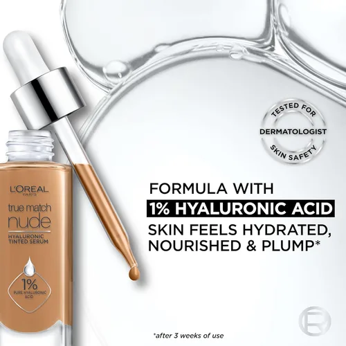 Vista 5 de L'Oreal Paris True Match Nude Hyaluronic Tinted Serum Foundation con 1% de ácido hialurónico, Cool Deep 7.5-8.5, 1 onza líquida