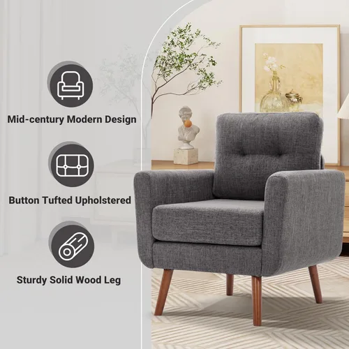 Vista 3 de Tbfit Silla decorativa, silla de lectura para sala de estar y dormitorio, sillón moderno de mediados de siglo, sillas de acento tapizadas con Gris