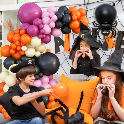 Vista 4 de Kit de guirnalda de globos de Halloween, kit de arco de globos de Halloween negro, naranja, rosa, con globo amarillo pastel, araña, fantasma