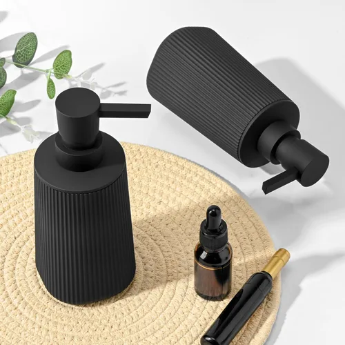 Vista 6 de Paquete de 2 dispensadores de jabón de manos negros con bomba antióxido para encimeras de baño y cocina, plástico mate a rayas recargables de 8.5