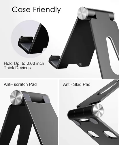 Vista 5 de Soporte para teléfono celular, soporte de teléfono de escritorio ajustable actualizado, totalmente plegable, compatible con funda gruesa, aluminio