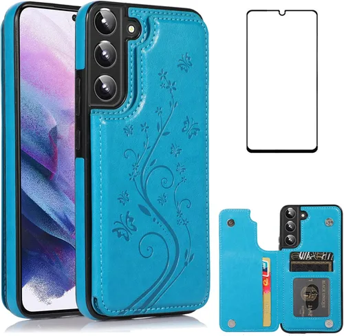 Vista 12 de Asuwish Glaxay S22 - Funda para Samsung Galaxy S22 5G con protector de pantalla de vidrio templado, soporte de cuero con tarjetero, doble cierre