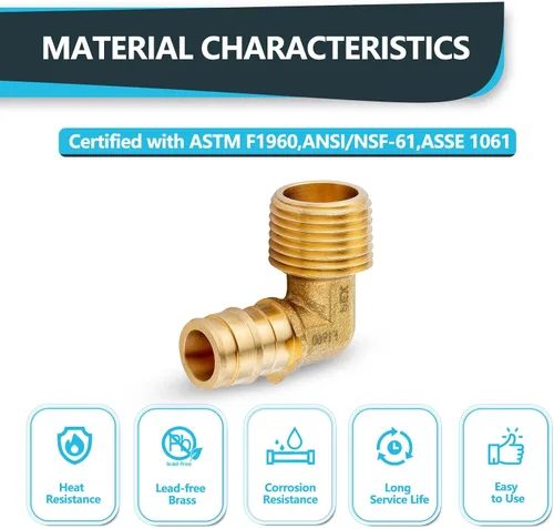 Vista 3 de Paquete de 5 accesorios de expansión Seelink PEX-A, codo NPT macho PEX-A de 1/2 x 1/2 pulgadas, accesorios de tubería de expansión de latón
