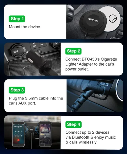 Vista 8 de Kinivo BTC450 juego de entrada auxiliar Bluetooth, manos libres, para autos (3,5 mm) - Admite AptX