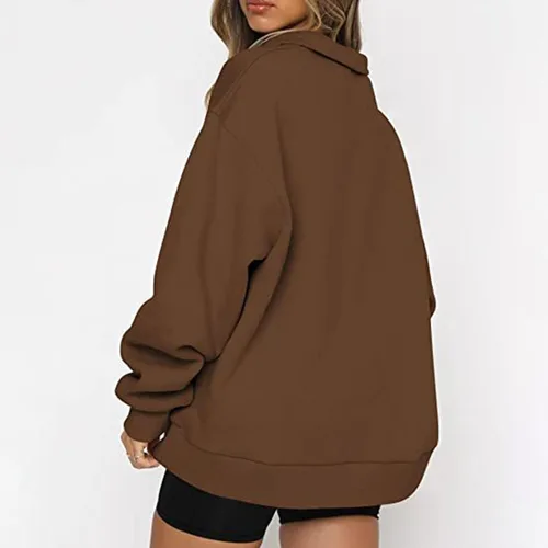 Vista 3 de Sudadera casual de manga larga para mujer, de gran tamaño, con cremallera de 14, cuello abatible, sin capucha, de moda, para otoño, Café