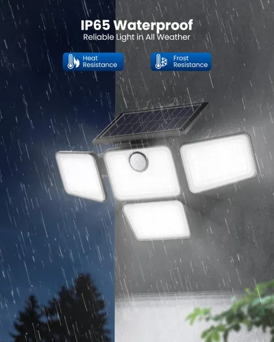 Vista 8 de Luces solares impermeables para exteriores, 6000 lúmenes, sensor de movimiento de 4 cabezales, luces de inundación solares con control remoto