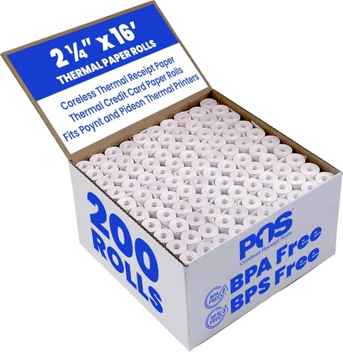2 1/4 x 16 pies x 200 rollos de papel térmico sin BPA sin núcleo para impresoras térmicas de recibos Poynt y Pidion. Diámetro de 0.709 in