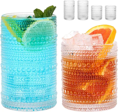 Vista 12 de Moretoes Hobnail - Juego de 6 vasos altos de 12 onzas y vasos de cóctel de 10 onzas, vasos de vidrio boho transparentes en relieve, juego