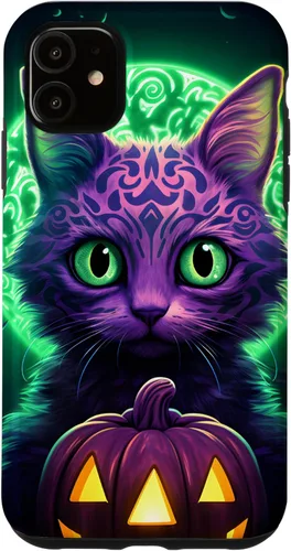 Vista 8 de iPhone 16 Cat Halloween Costume Glowing Pumpkin Purple & Light Green Case