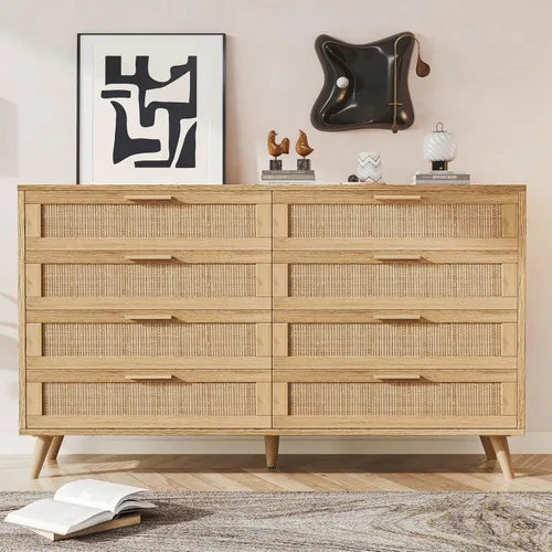 Vista 39 de Rovaurx Cómoda doble de 6 cajones para dormitorio, cómoda de ratán, cómoda de madera moderna con asas doradas, mesa auxiliar para armario, sala