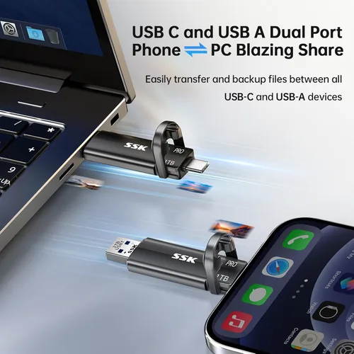 Vista 3 de SSK Unidad flash USB de estado sólido de 1 TB, SSD externo de hasta 1000 MB/s, puerto dual USB 3.2 Tipo-C/A, SSD portátil en aleación de zinc Thumb