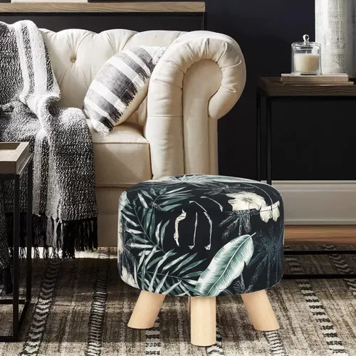 Vista 46 de Asense Taburete otomano redondo pequeño con reposapiés acolchado de tela con patas de madera antideslizantes (multicolor, tela)