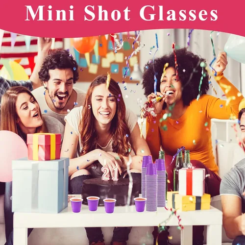 Vista 4 de 200 vasos de chupito de 2 onzas, vasos de chupito de plástico, vasos de chupito morados desechables, mini vasos de fiesta, vasos de plástico