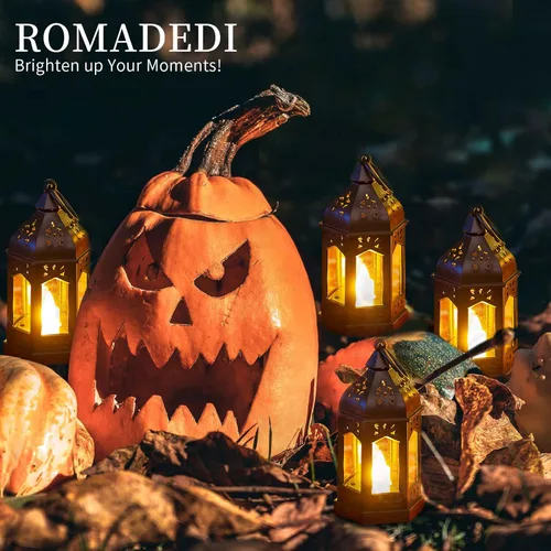 Vista 8 de Romadedi Mini Linternas Decorativas para Centro de Mesa: 10 piezas de linterna pequeña negra colgante a granel con velas LED parpadeantes