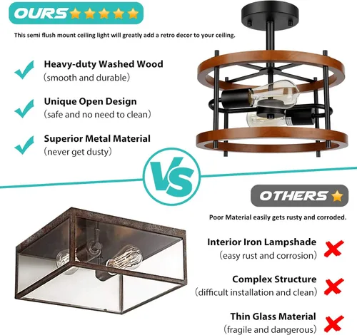 Vista 2 de Lakumu Lámpara de techo retro semi empotrada de 2 luces, de madera rústica vintage y metal negro industrial para pasillo, entrada, dormitorio