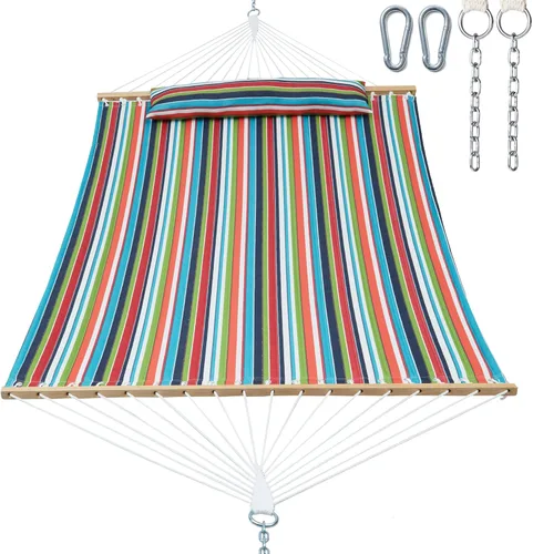 Vista 10 de Gafete Hamacas para 2 personas de 12 pies para exteriores, hamaca de tela doble acolchada para exteriores con barra separadora, almohada extraíble