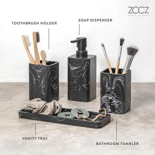 Vista 3 de ZCCZ Juego de accesorios de baño, 4 piezas con dispensador de jabón, soporte para cepillo de dientes, vaso y jabonera para decoración moderna
