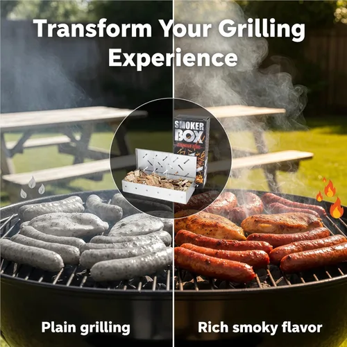 Vista 4 de Caja para ahumar para parrilla de gas, caja para virutas de madera de acero inoxidable para todas las parrillas y hornos, tapa abatible, accesorios