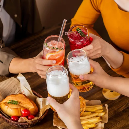 Vista 4 de SENTVEND Vasos para beber de 16 onzas con tapas de bambú y popote de vidrio, 8 vasos de vidrio, vasos de café helado de cerveza, lindos vasos