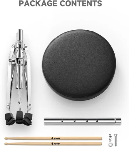 Vista 7 de Set de trono para batería de Donner, taburetes acolchados con altura ajustable, incluye baquetas 5A, múltiples versiones, opción confiable