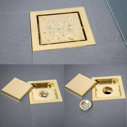 Vista 16 de RANDOM Drenaje de ducha redondo SUS304 de acero inoxidable dorado cepillado Drenaje de ducha de 4 pulgadas con brida de base de PVC ajustable