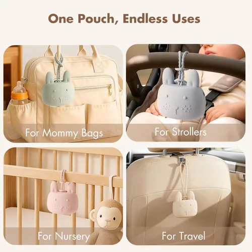 Vista 4 de ROCCED Funda de silicona para chupetes con diseño de conejito con correa de silicona suave, almacenamiento de viaje para cochecito y bolsa