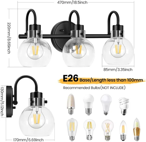 Vista 7 de Lámparas de baño, 3 luces negras, apliques de pared de granja con pantalla de vidrio de globo, lámpara de montaje en pared para porche, cocina