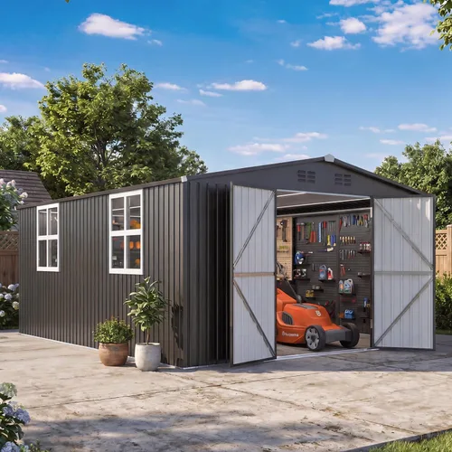 Vista 25 de AECOJOY Cobertizo de almacenamiento de metal para exteriores de 4 x 6 pies, cobertizo de herramientas de jardín resistente con puerta doble con Gris