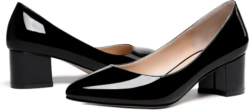 Vista 6 de WAYDERNS Zapatos de tacón bajo grueso de charol para mujer, con puntera redonda, 2 pulgadas