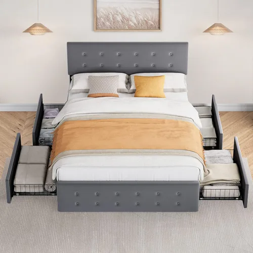 Vista 3 de Base de cama tamaño Queen con 4 cajones de almacenamiento, base de cama tapizada gris con cabecera y listones de madera, no necesita somier (Queen)