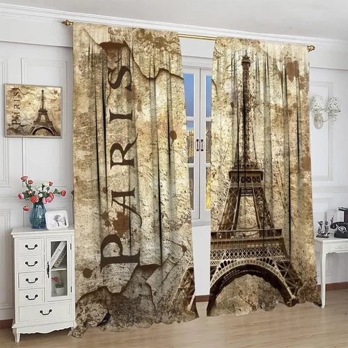 Vista 4 de Cortinas de la Torre Eiffel con letras de París y famosos monumentos en la pared desgastada para dormitorio, sala de estar, cortinas decorativas, 2