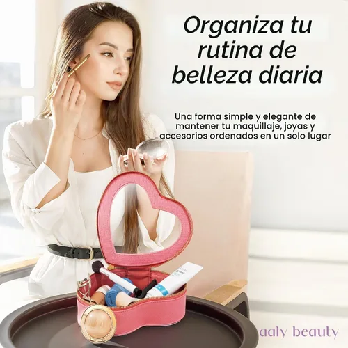 Vista 3 de Bolsa de maquillaje con forma de corazón – Bolsa de cosméticos de corazón rosa con cubierta transparente – Ideas de regalo para mujeres, mamá
