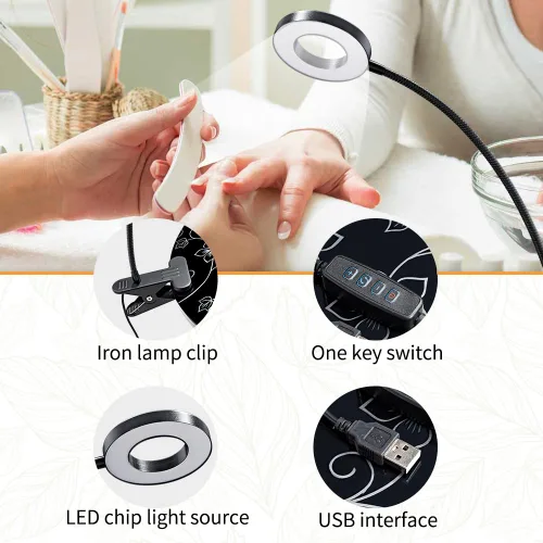 Vista 5 de CHAOEEMY Mesa de manicura portátil, mesa de manicura profesional con enchufe USB, lámpara de mesa LED, almohada de esponja, colector de polvo Negro