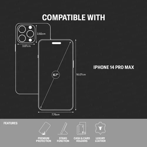 Vista 3 de TORRO Funda de cuero compatible con iPhone 14 Pro Max - Funda de piel auténtica tipo cartera con tarjetero y función atril (negro)