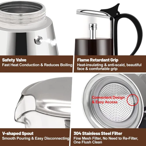 Vista 6 de Olla de vidrio transparente de 4 tazas de acero inoxidable sin recubrimiento, cafetera italiana, cafetera moca greca, cocina clásica de inducción