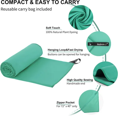 Vista 3 de Toalla de microfibra Rainleaf perfecta para viajes y gimnasio y camping. Secado rápido - Super absorbente - Ultra compacta - Liviana. Adecuada