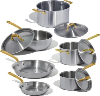 Made In Utensilios de cocina - Juego de ollas y sartenes de acero inoxidable de 10 piezas (latón antiguo) - Revestimiento de 5 capas - Incluye Mango