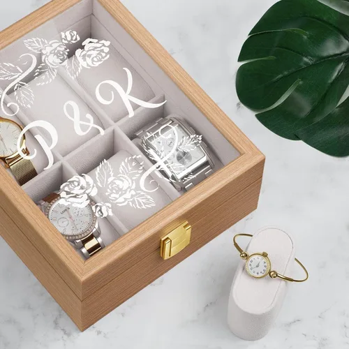 Vista 3 de Maverton Caja de reloj de madera para él - Pantalla de reloj personalizada para hombre - Caja rectangular con tapa de vidrio para marido - Soporte