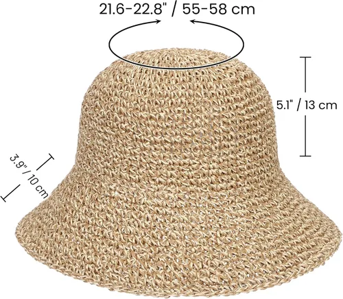 Vista 3 de Sombrero de sol para mujer, hecho a mano, cubo de paja de ganchillo para verano, plegable, gorra de viaje Beige y café