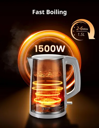 Vista 6 de Hervidor eléctrico y tetera de COMFEE', 1.5L de doble pared, interior de acero inoxidable, tapa y pico, hervido rápido, apagado automático y Negro