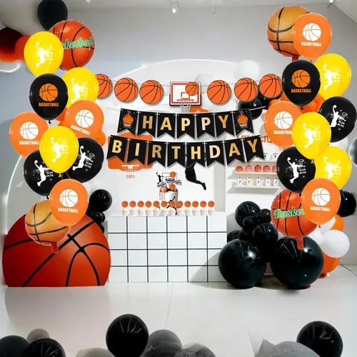 Vista 4 de Suministros para fiestas de baloncesto con texto en inglés «Happy Birthday», decoración de pastel de baloncesto y globos temáticos de baloncesto