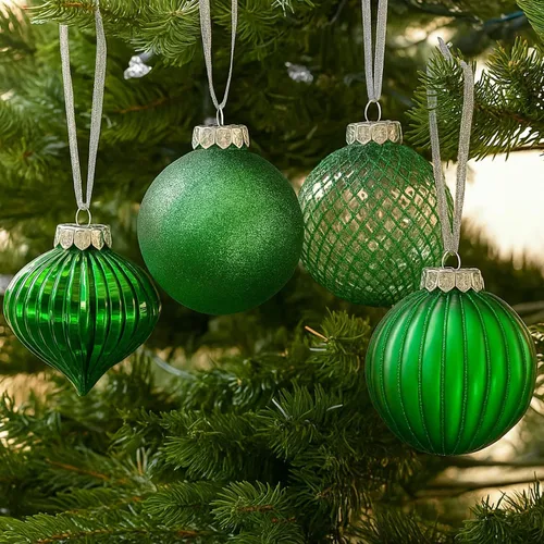 Paquete de 28 adornos verdes para árbol de Navidad, decoraciones navideñas y de fiestas, plástico inastillable, bolas de 3.15 pulgadas, carámbanos y
