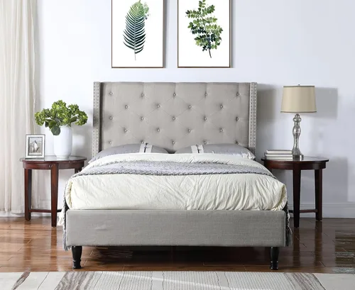 Vista 5 de Base de cama de plataforma tapizada completa con cabecero de 51 pulgadas de alto, cama de tela copetuda con botones, soporte de listones de madera