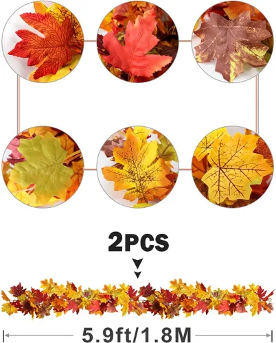 Vista 2 de wohohoho Paquete de 2 guirnaldas de hojas de arce, 5.9 pies/piezas, guirnalda de hojas de otoño, 7 hojas de arce, enredaderas colgantes