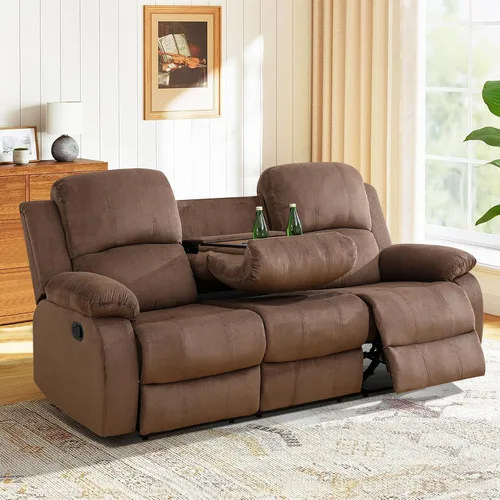 Sofá reclinable manual, sofá reclinable con portavasos de 3 asientos, sofá de 3 asientos con mesa auxiliar desplegable para sala de estar, oficina,