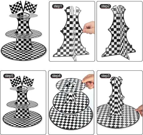 Vista 2 de Soporte de cartón para cupcakes con temática de automóvil de carreras, soporte redondo de 3 niveles para cupcakes, soporte de postre para autos