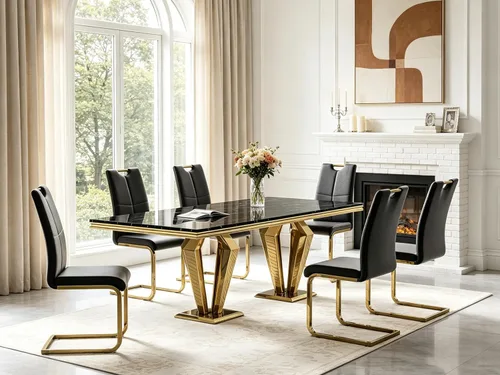 Vista 49 de 5 Piece Black Marble Dining Table Set for 4, Modern Faux Marble Kitchen Dining Room Tables with 4 Leather Chairs Set, 68.11" Luxury Rectangular