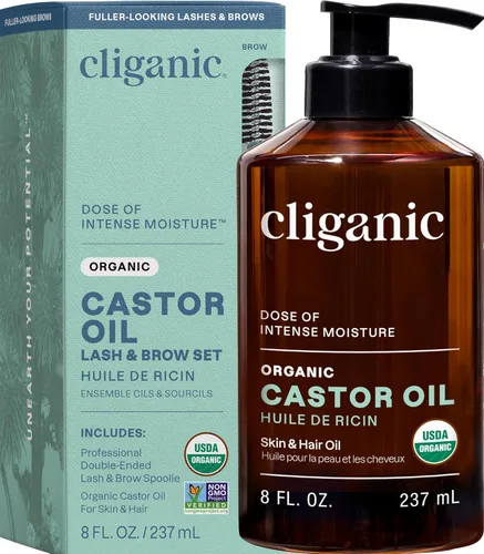 Cliganic - Aceite de ricino orgánico con certificación USDA, 100 % puro con kit de pestañas (240 ml [8 oz]). Para pestañas, cejas, cabello y piel.