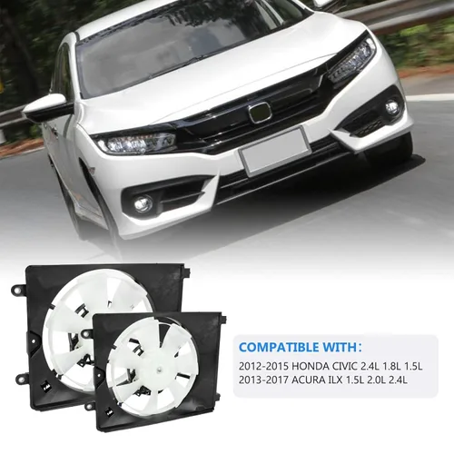 Vista 4 de 1 par de conjunto de ventilador de radiador de refrigeración de CA lado izquierdo y derecho 7+5 aspas compatible con Honda Civic 2012-2015, A-cura